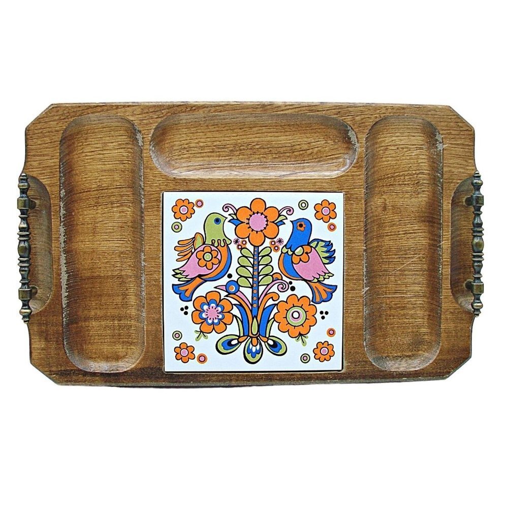 Japanese Wood Tray Love Bird Theme Metal Handles Decorative Serving Platter Vtg